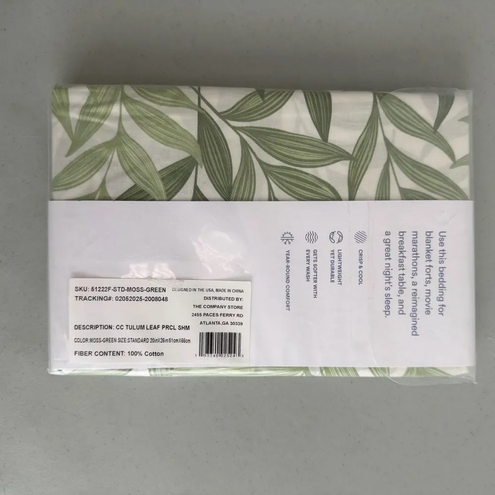 The Company Store Tulum Leaf Sham NWT Moss Green 100% Cotton Percale - Standard